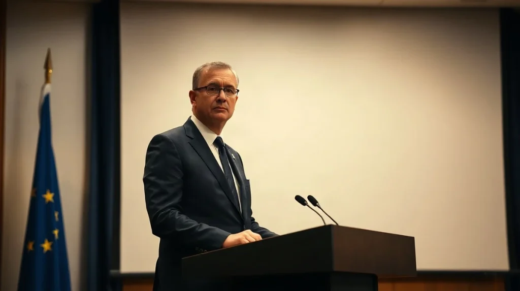 A man in a dark suit stands at a podium under warm indoor press lighting