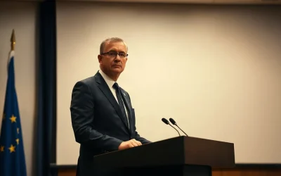 A man in a dark suit stands at a podium under warm indoor press lighting
