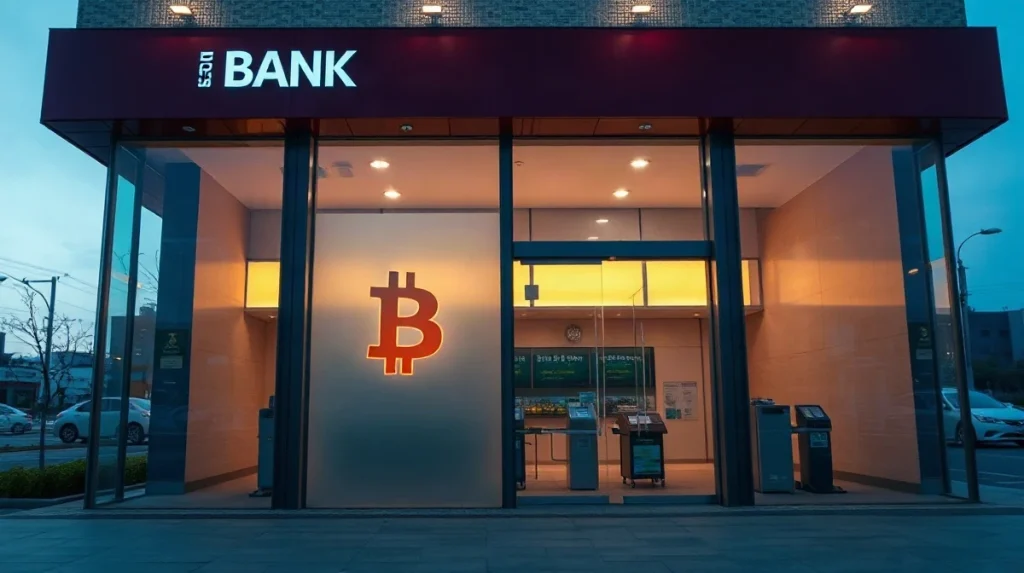 Modern South Korean bank branch exterior at dusk, representing Jeonbuk Bank's Bitcoin-backed lending launch