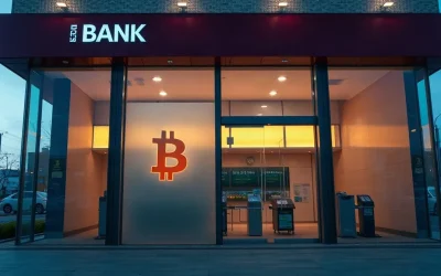 Modern South Korean bank branch exterior at dusk, representing Jeonbuk Bank's Bitcoin-backed lending launch