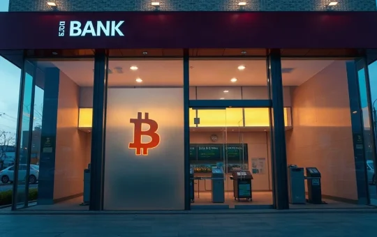 Modern South Korean bank branch exterior at dusk, representing Jeonbuk Bank's Bitcoin-backed lending launch