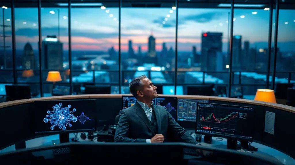 Analyst at institutional desk with screens showing blockchain network graphics
