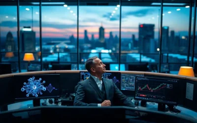 Analyst at institutional desk with screens showing blockchain network graphics