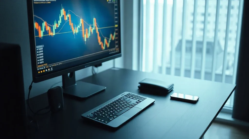 Trading desk with a chart monitor and a hardware crypto wallet, representing bitcoin-backed futures margin