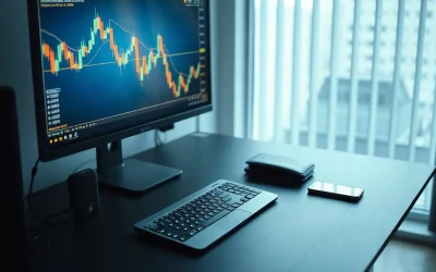 Trading desk with a chart monitor and a hardware crypto wallet, representing bitcoin-backed futures margin