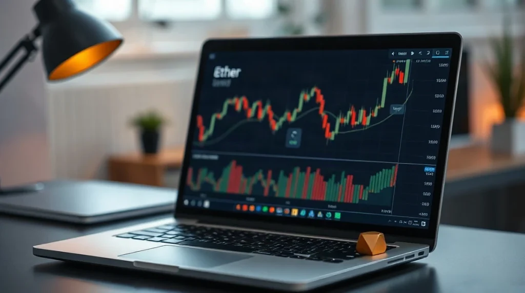 Laptop screen showing gold and ether price charts on a trading desk