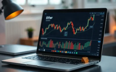 Laptop screen showing gold and ether price charts on a trading desk