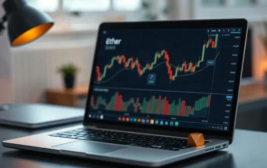 Laptop screen showing gold and ether price charts on a trading desk