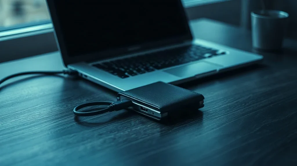 Black hardware crypto wallet on a dark desk beside a coiled cable under cool light