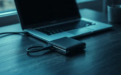 Black hardware crypto wallet on a dark desk beside a coiled cable under cool light