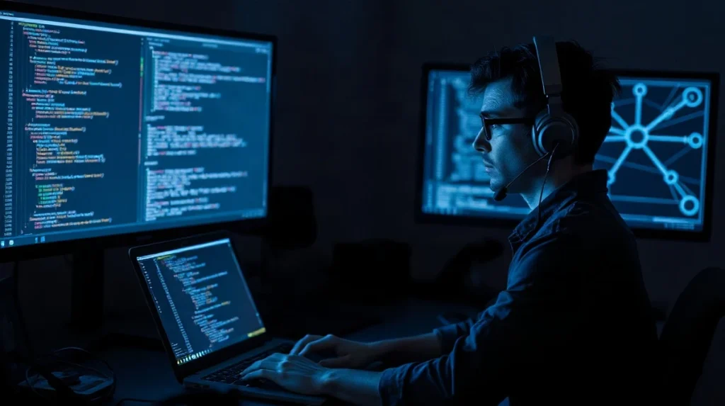 Security researcher working at a laptop in a dark room lit by code on screens