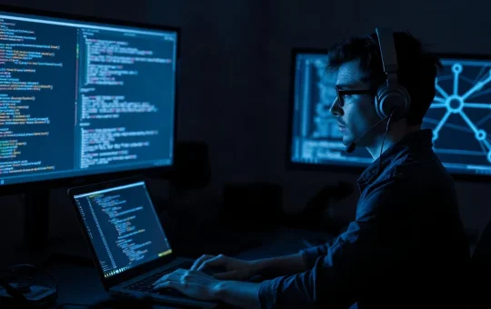 Security researcher working at a laptop in a dark room lit by code on screens