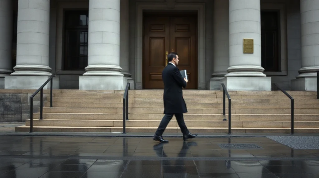 Anonymous figure walking past a Manhattan courthouse steps on an overcast morning