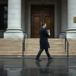 Anonymous figure walking past a Manhattan courthouse steps on an overcast morning