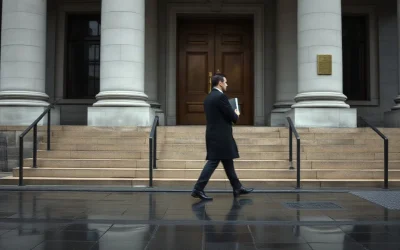 Anonymous figure walking past a Manhattan courthouse steps on an overcast morning