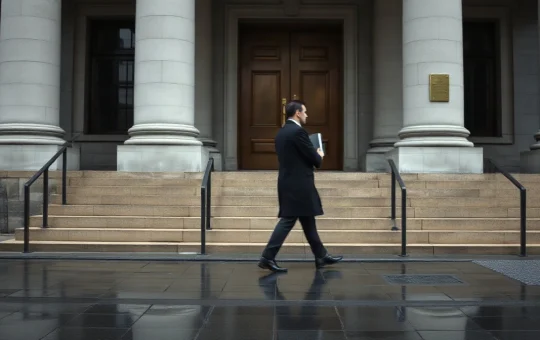 Anonymous figure walking past a Manhattan courthouse steps on an overcast morning