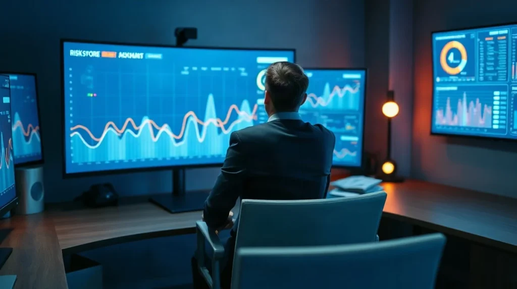 Compliance analyst reviewing risk dashboards for stablecoin payment screening