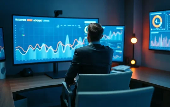 Compliance analyst reviewing risk dashboards for stablecoin payment screening