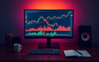 Crypto trading desk with four candlestick charts on a monitor lit by blue and amber screen light.