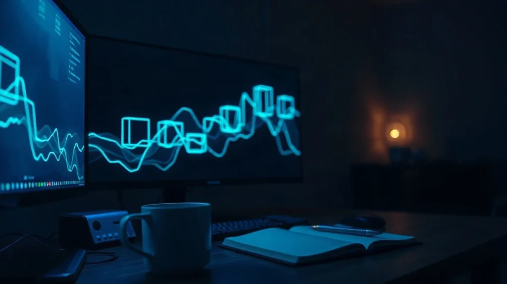 Dark crypto trading desk with a monitor showing a glowing cross-chain network diagram at night