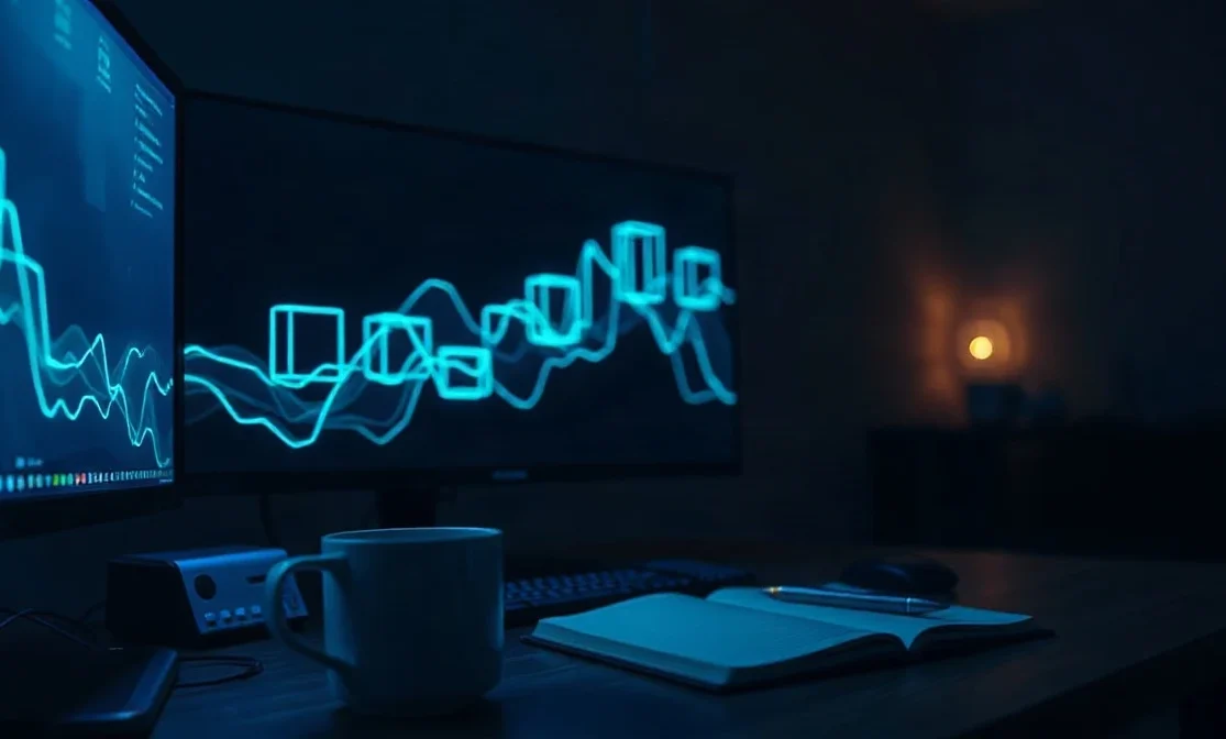 Dark crypto trading desk with a monitor showing a glowing cross-chain network diagram at night