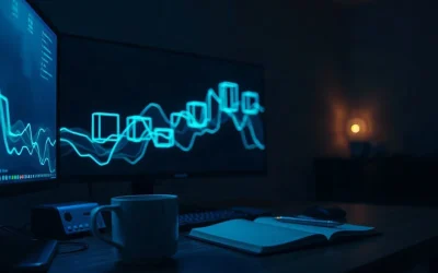 Dark crypto trading desk with a monitor showing a glowing cross-chain network diagram at night