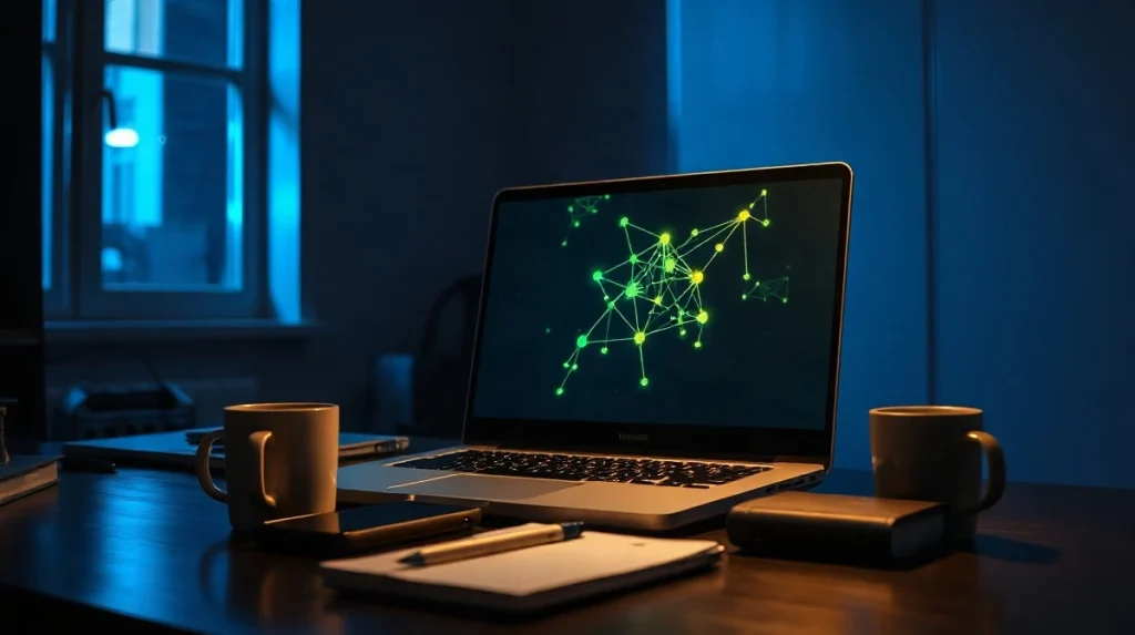 Laptop screen showing an abstract network graph in a dark office, illustrating the Near Intents exploit tracing