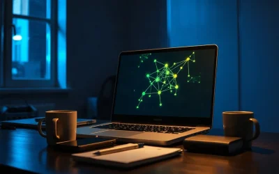 Laptop screen showing an abstract network graph in a dark office, illustrating the Near Intents exploit tracing