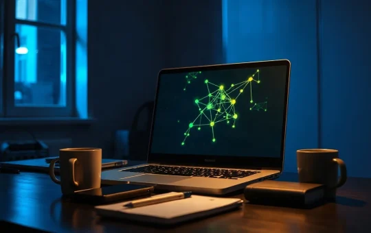 Laptop screen showing an abstract network graph in a dark office, illustrating the Near Intents exploit tracing