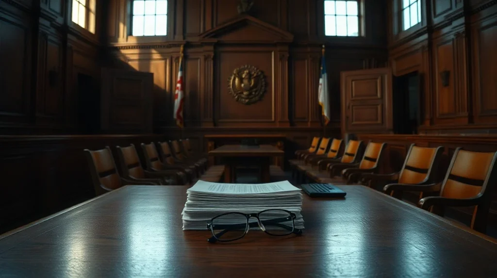 Empty defendant's bench in a New York courtroom with legal documents on the table