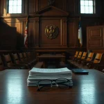 Empty defendant's bench in a New York courtroom with legal documents on the table
