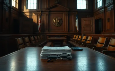 Empty defendant's bench in a New York courtroom with legal documents on the table