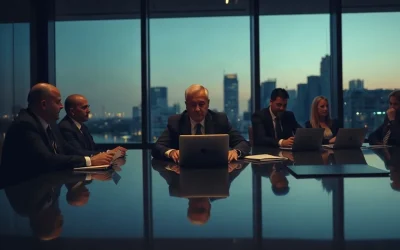 Executives in a dim corporate meeting room with a central figure mid-conversation