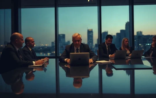 Executives in a dim corporate meeting room with a central figure mid-conversation