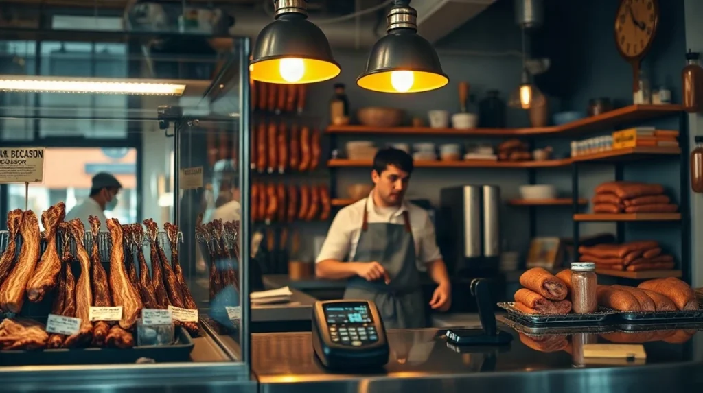 Butcher counter with artisan meats and a card reader in a small artisan meat shop