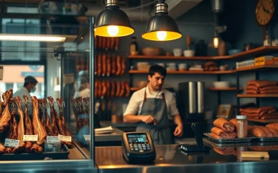 Butcher counter with artisan meats and a card reader in a small artisan meat shop