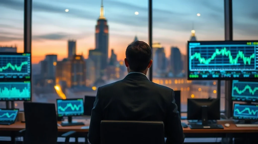 Trader at a multi-monitor desk on a modern financial trading floor at dusk
