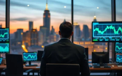Trader at a multi-monitor desk on a modern financial trading floor at dusk