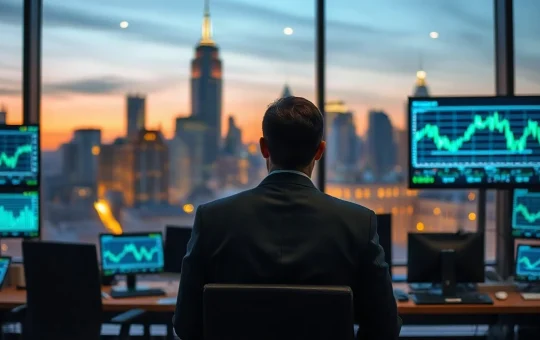 Trader at a multi-monitor desk on a modern financial trading floor at dusk