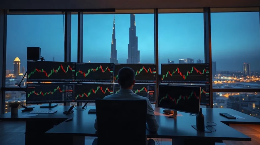 Trader at a Dubai office workstation with the Burj Khalifa visible through the window behind them at dusk