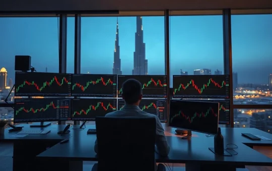 Trader at a Dubai office workstation with the Burj Khalifa visible through the window behind them at dusk