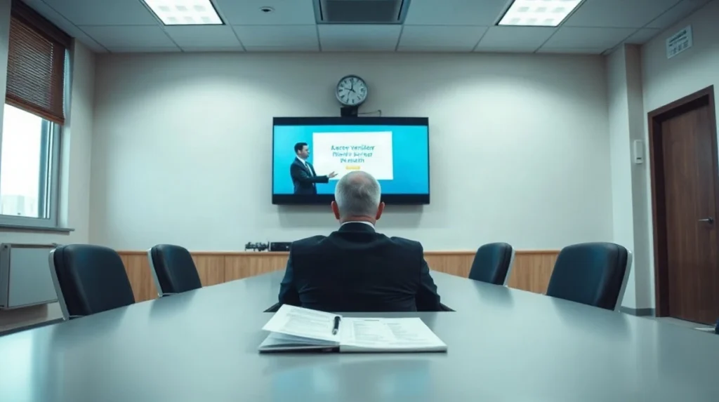 Reviewer watching a short vendor video pitch on a monitor in a government procurement meeting room