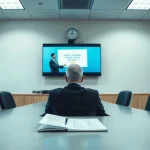 Reviewer watching a short vendor video pitch on a monitor in a government procurement meeting room