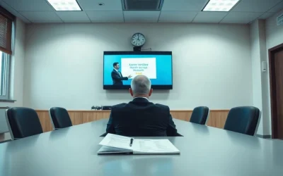 Reviewer watching a short vendor video pitch on a monitor in a government procurement meeting room