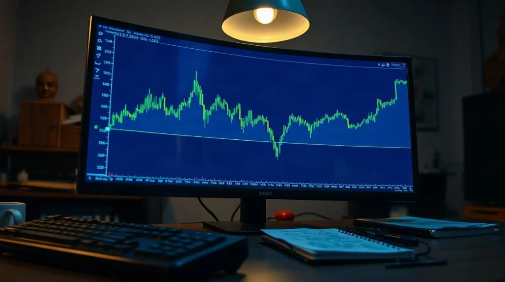 Trading monitor showing a rising price chart pressing against a flat resistance line at dusk