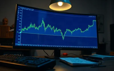 Trading monitor showing a rising price chart pressing against a flat resistance line at dusk