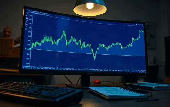 Trading monitor showing a rising price chart pressing against a flat resistance line at dusk