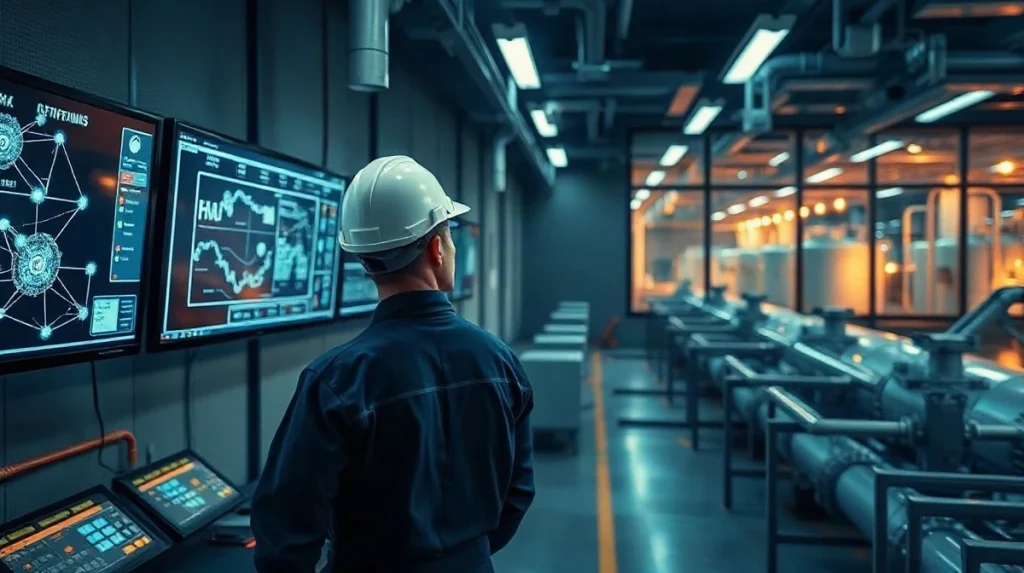 Engineer in a fuel terminal control room reviewing blockchain network diagrams on a monitor