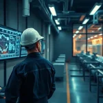 Engineer in a fuel terminal control room reviewing blockchain network diagrams on a monitor