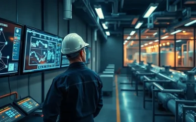 Engineer in a fuel terminal control room reviewing blockchain network diagrams on a monitor